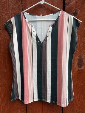 Vertical Stripe Cap-Sleeve V-Neck Top in Pink, Black & White